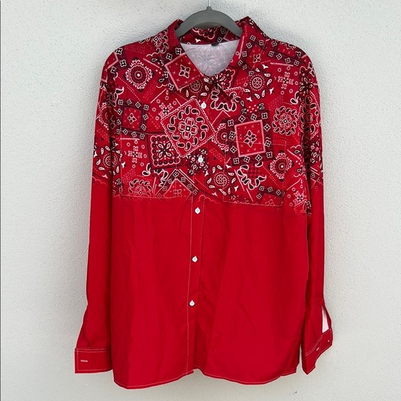Red Paisley Button Down Shirt with Solid Contrast - Picture 1 of 6